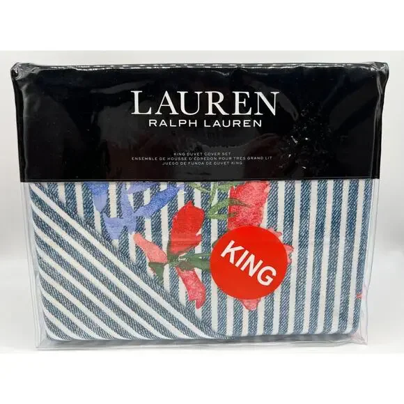 Ralph Lauren Maggie Floral Stripe 3Pc Cotton Duvet Cover Sham Set Blue King NWT. - Picture 12 of 12